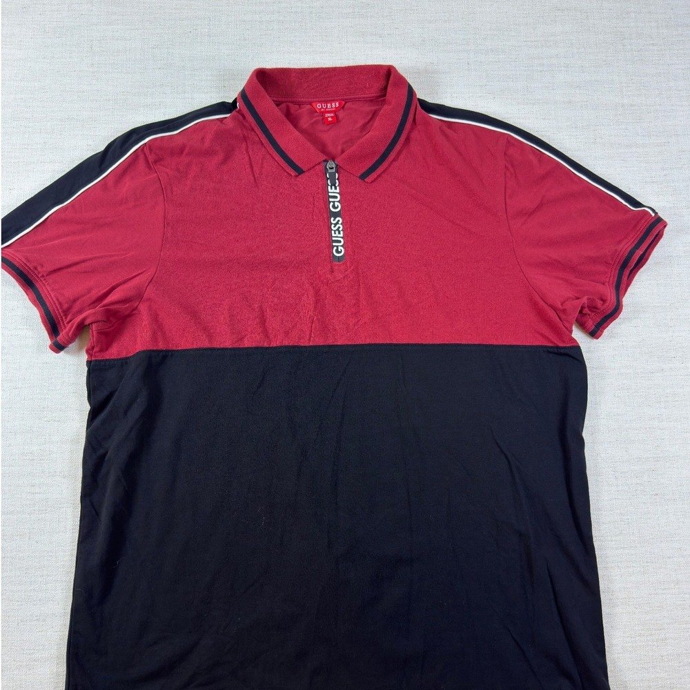 Guess Los Angeles Mens XL Red Black Colorblock Quarter Zip Logo Polo Shirt